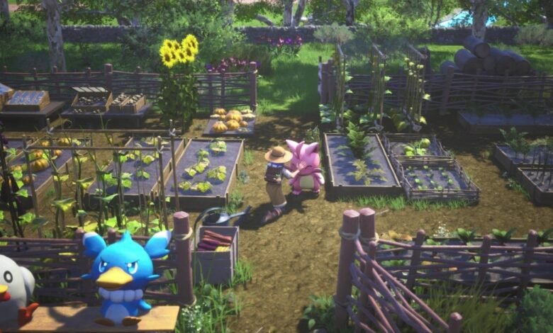 A charming garden scene with a farmer tending crops alongside a friendly pink creature. Various vegetables and sunflowers are visible.
