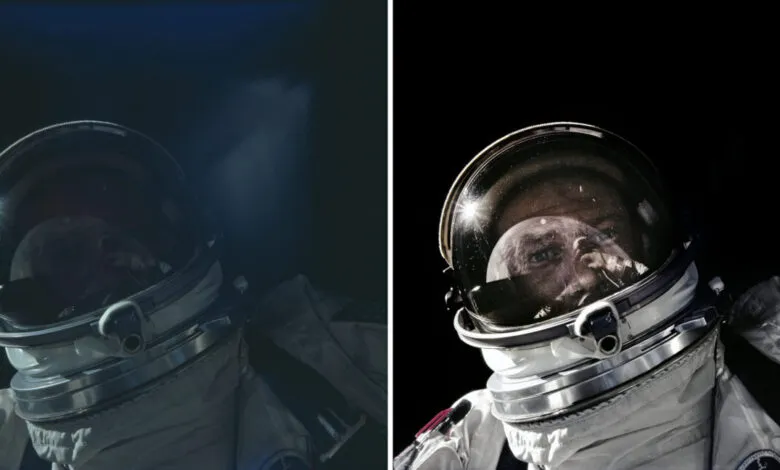 Split image shows an astronaut's helmet reflection of the moon and their face, before and after editing.