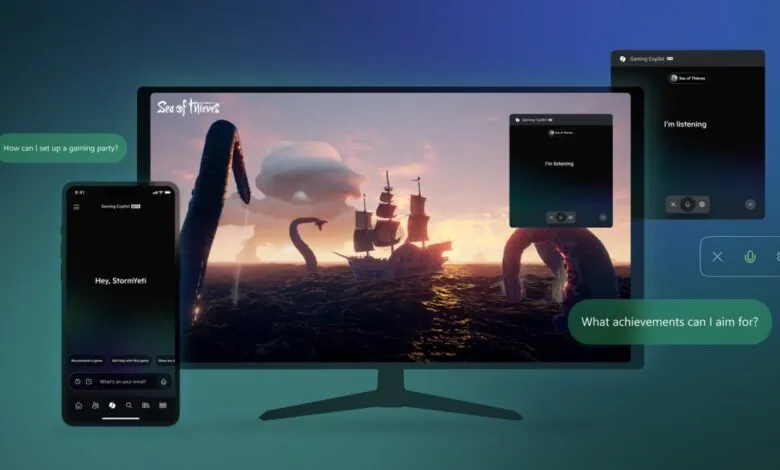Sea of Thieves gameplay on PC and mobile with Gaming Copilot overlay showing party setup and achievements.