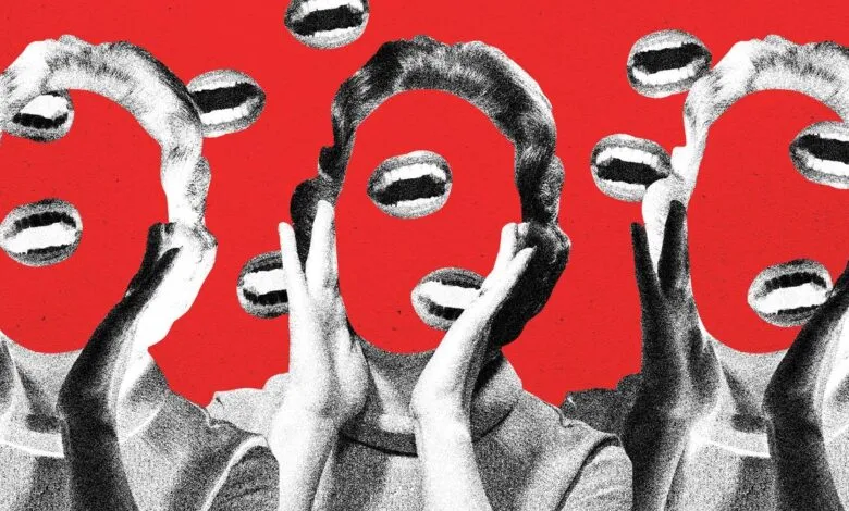 Abstract collage of three figures with open mouths replacing their faces, surrounded by floating mouths against a red background.