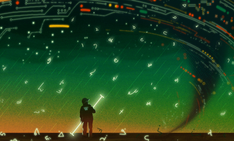 Person with a glowing stick looking at a digital tornado with symbols and circuit board patterns.