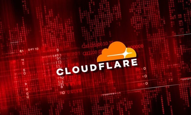Cloudflare logo displayed against a red background of binary code, symbolizing cybersecurity and cloud services.