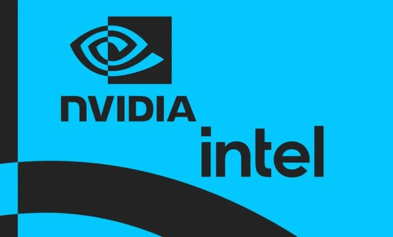 Nvidia and Intel logos on a vibrant blue background.