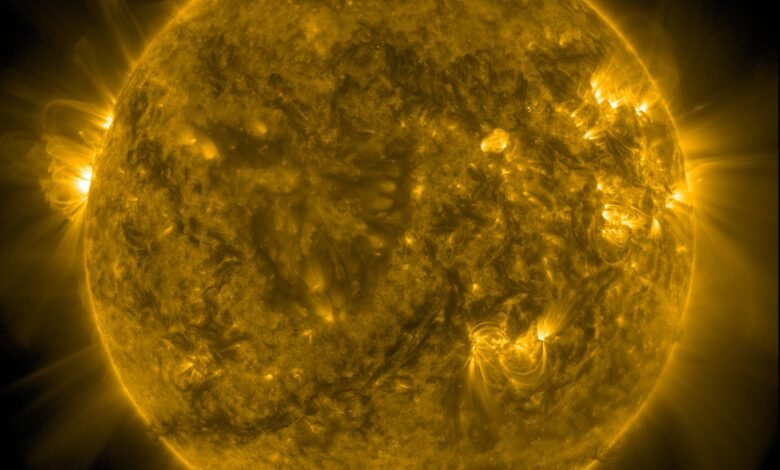 The Sun displays intense solar flares and prominences in vibrant gold and yellow hues against a black void.