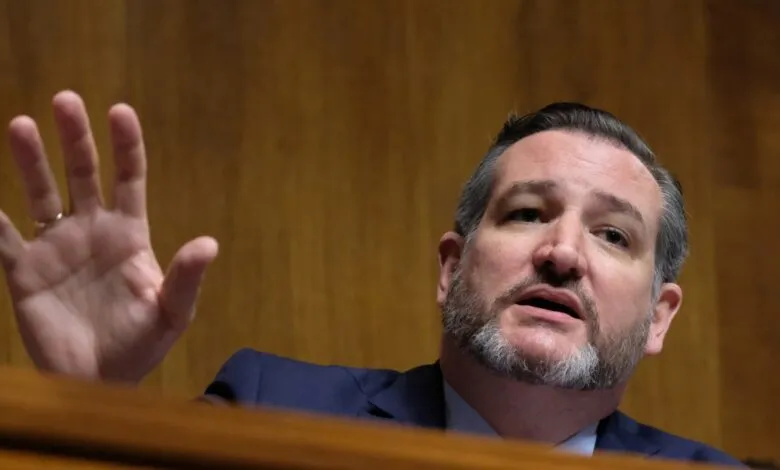 Close-up of Senator Ted Cruz speaking, hand raised.