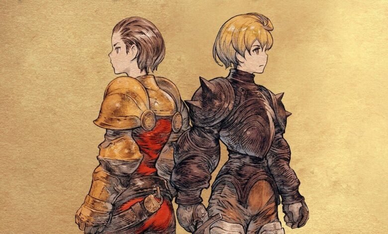 Two anime-style knights in ornate armor stand back-to-back against a textured parchment background.