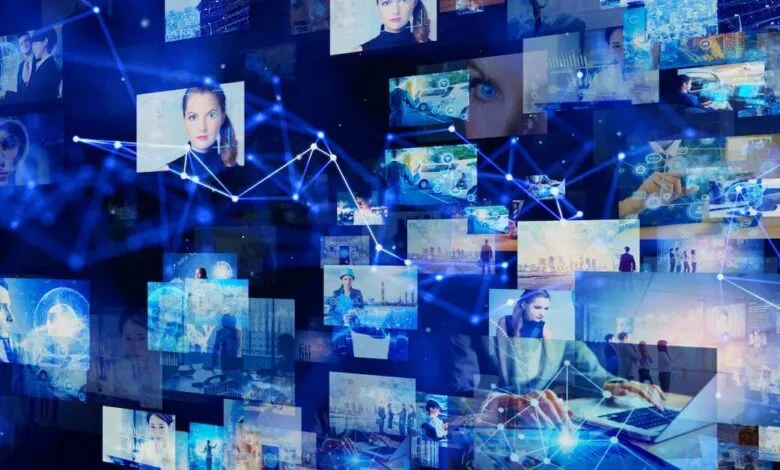 Collage of digital screens showing people, technology, and data connections.