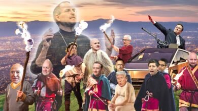 A whimsical collage depicts tech CEOs as medieval figures, with Elon Musk atop a futuristic vehicle, against a city backdrop.
