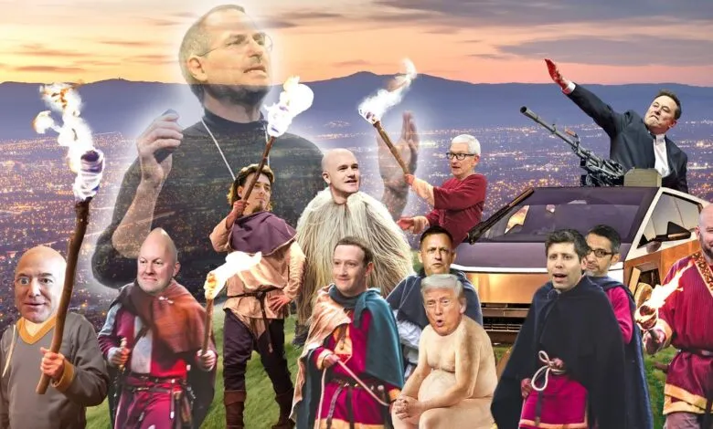 A whimsical collage depicts tech CEOs as medieval figures, with Elon Musk atop a futuristic vehicle, against a city backdrop.