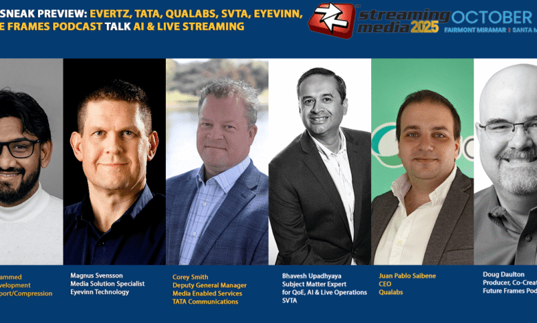 Headshots of six speakers at the Streaming Media 2025 conference, discussing AI and live streaming.