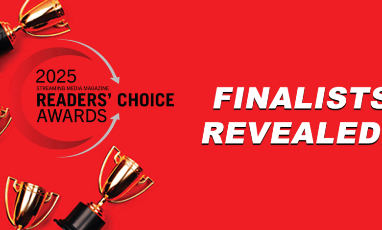 2025 Streaming Media Magazine Readers' Choice Awards finalists revealed, graphic with gold trophies on red background.