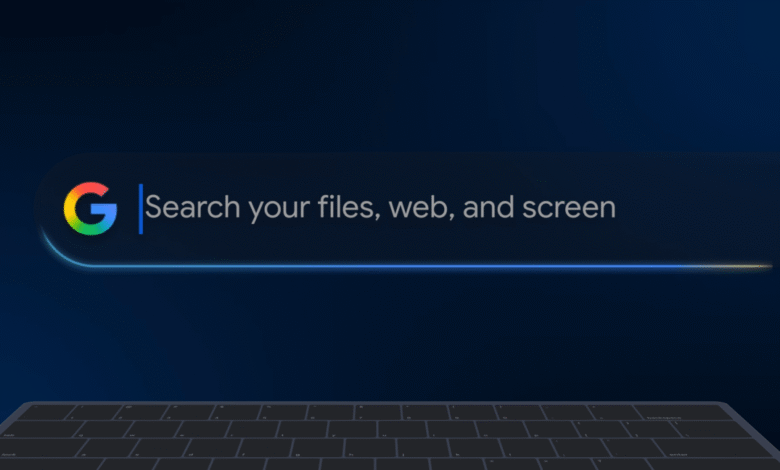 Google search bar on dark background with keyboard below, suggesting universal search across files, web, and screen.