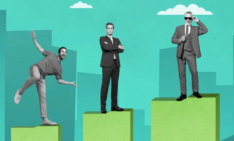 Three men stand on different-sized platforms, symbolizing varying levels of success. One stumbles, another is confident, and the third exudes success.