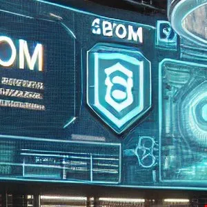 Futuristic digital display with a prominent shield logo, glowing cyan and blue.