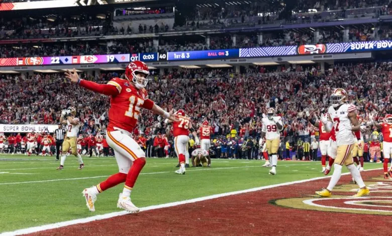 Patrick Mahomes celebrates a touchdown during Super Bowl LVII.