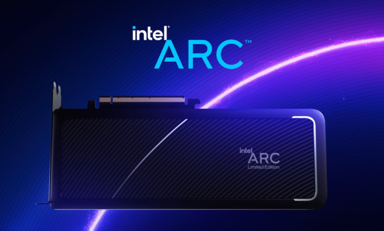 Intel Arc Limited Edition graphics card shown against a dark blue background with purple light streaks.
