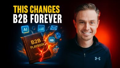 A man smiles as a book explodes with digital marketing icons, symbolizing a B2B marketing revolution.