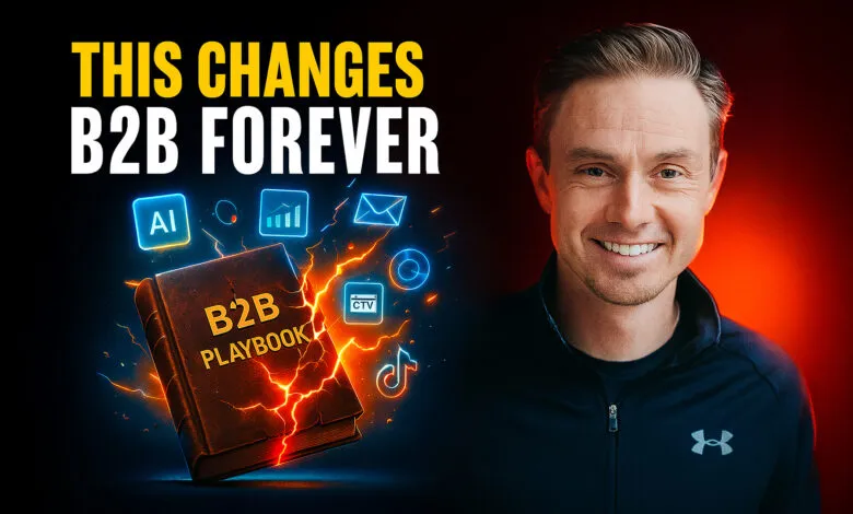 A man smiles as a book explodes with digital marketing icons, symbolizing a B2B marketing revolution.