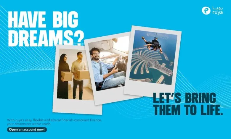 Advertisement for Ruya Finance showing people achieving dreams like moving, driving, and skydiving.