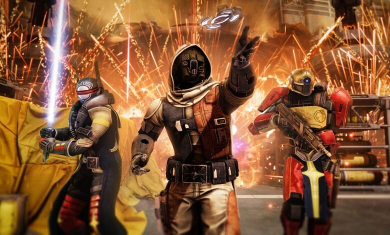 Destiny 2 characters stand amidst fiery explosions, showcasing diverse armor and weaponry.