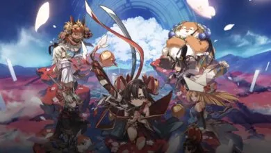 Group of anime characters in a fantasy setting with Japanese cultural elements.