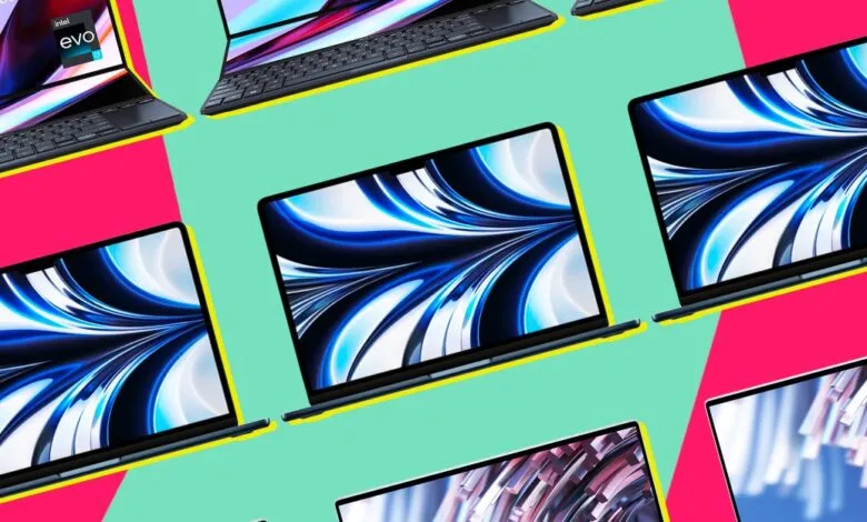 Collage of various laptops showcasing vibrant screen displays against a pink and teal background.