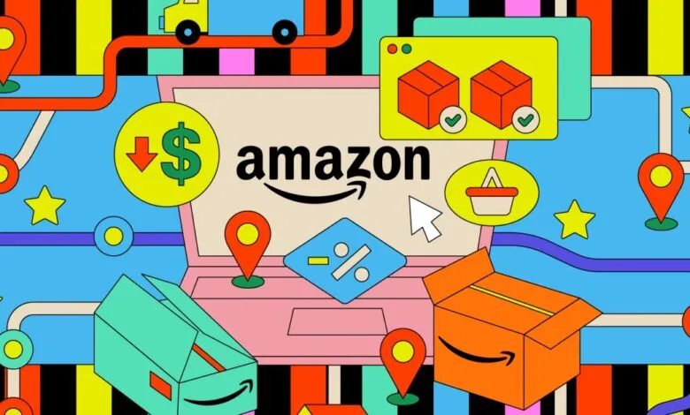 Illustrative graphic of Amazon's delivery process, showing packages, location pins, and price discounts.