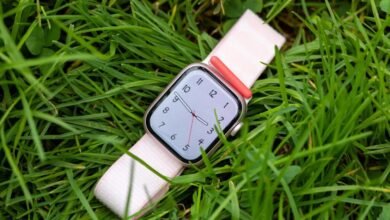 Apple Watch Ultra with pink band rests in green grass.