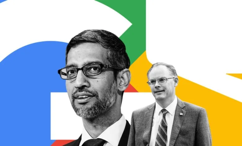 Sundar Pichai and Thomas Kurian, CEOs of Google and Alphabet, against a colorful Google logo.