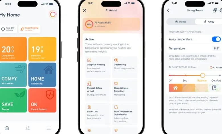 Screenshots of a smart home app interface showing temperature control and AI features.