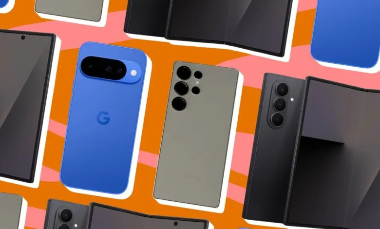 Collage of various smartphones in different colors and styles, including foldable phones.