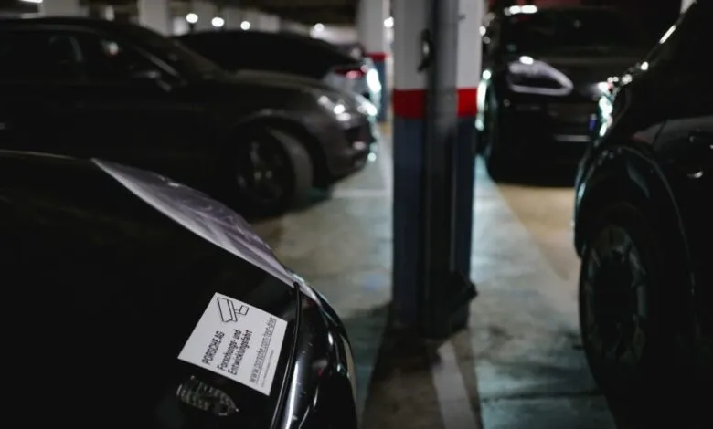 Close-up of a Porsche AG research and development sticker on a black car in a dimly lit parking garage.