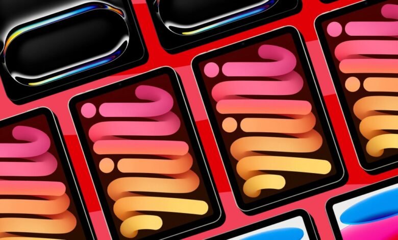 Multiple iPads displayed on a red background, showcasing vibrant abstract designs on their screens.