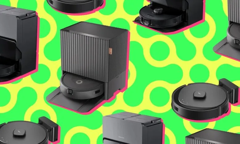 Collage of various robot vacuums, showcasing different models and designs against a vibrant green background.