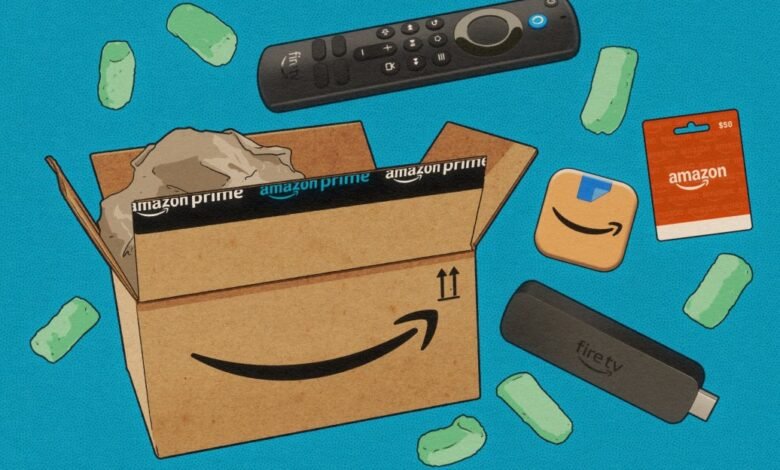 Amazon Prime Day delivery box with Fire TV Stick, remote, gift card, and packing peanuts.