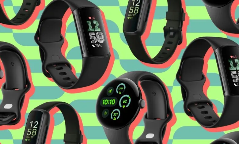 Collage of black fitness trackers and smartwatches with colorful abstract background.
