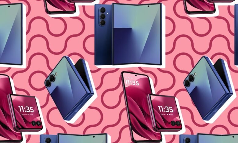 Collage of various foldable smartphones in purple hues against a pink background.