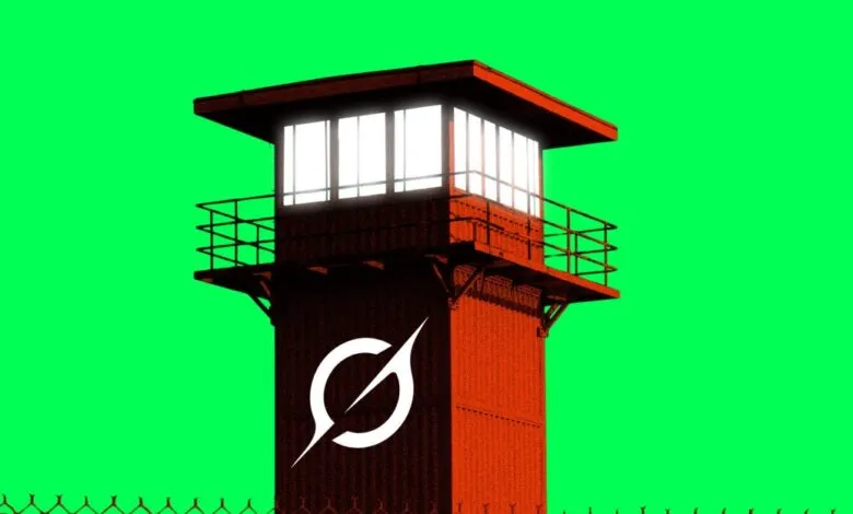 Grok AI logo on a red guard tower against a green screen.