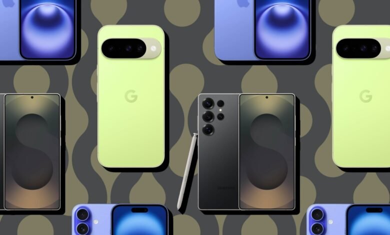Comparison of iPhone, Google Pixel, and Samsung Galaxy smartphones, showcasing different colors and designs.