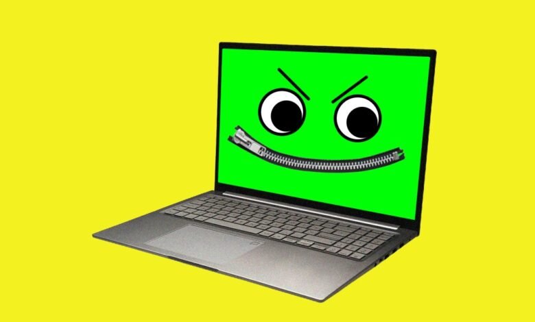 Laptop screen displays a cartoon face with a zipper for a mouth, suggesting hidden or zipped-up information.