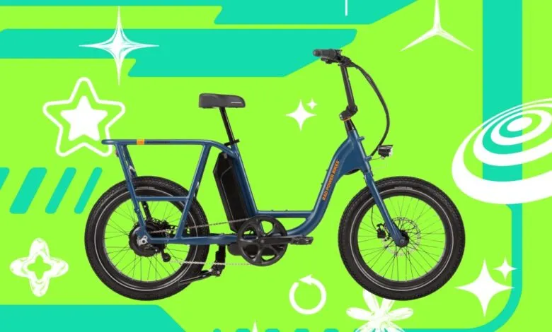 Rad Power Bikes ebike, teal blue frame, thick tires, against a bright green background with white abstract shapes.