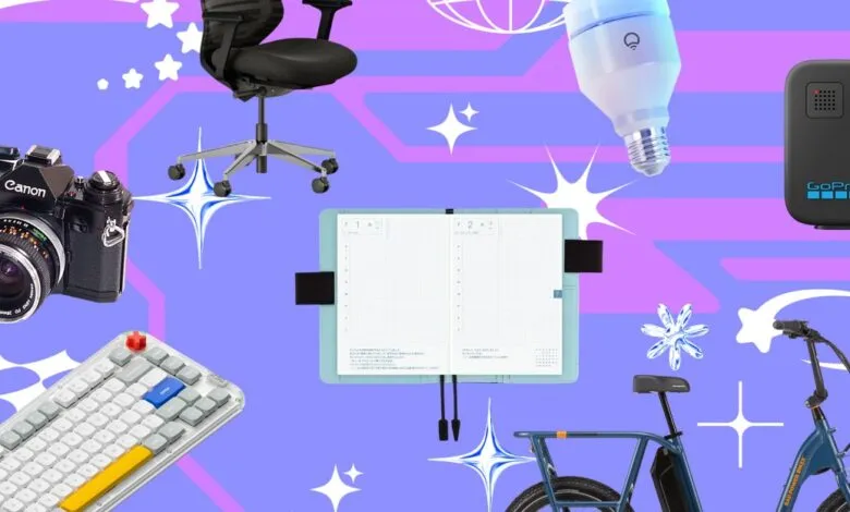 Collage of various products including a camera, office chair, planner, smart bulb, GoPro, keyboard, and e-bike.