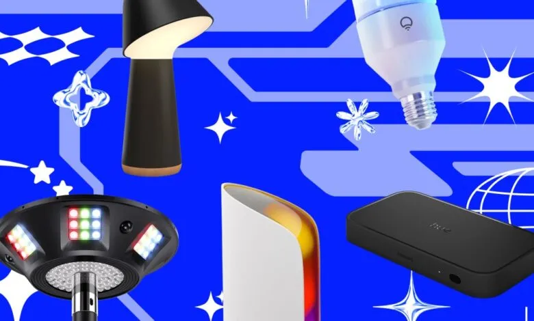 Assortment of smart home lighting products on a vibrant blue background.