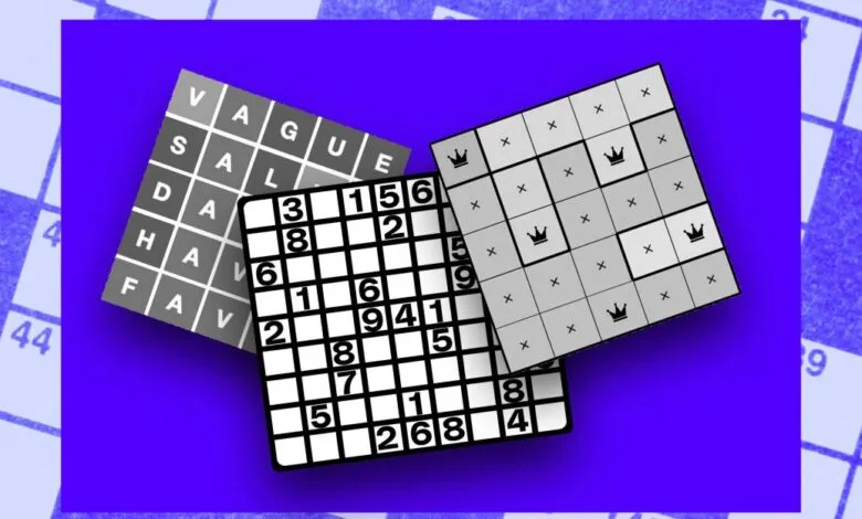 Three popular logic puzzles: a crossword, Sudoku, and a word search, arranged on a vibrant purple background.