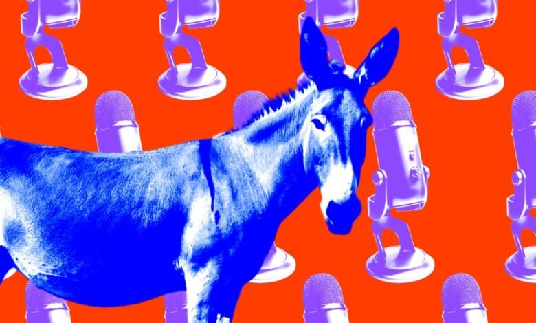 Blue donkey surrounded by purple microphones on an orange background. Political commentary on media.
