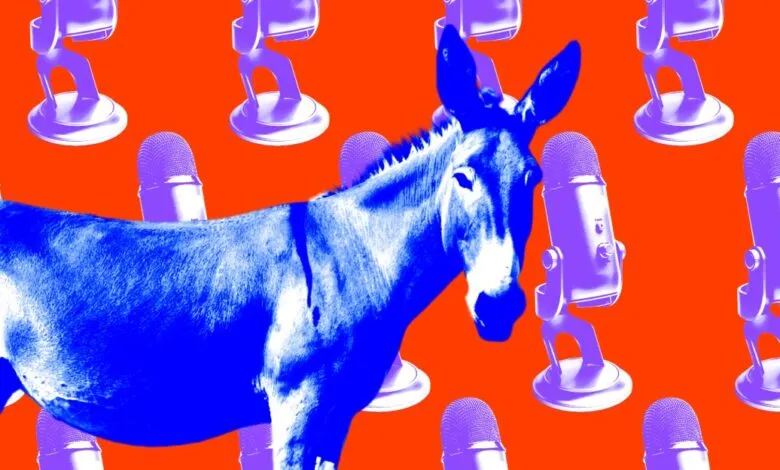 Blue donkey surrounded by purple microphones on an orange background. Political commentary on media.