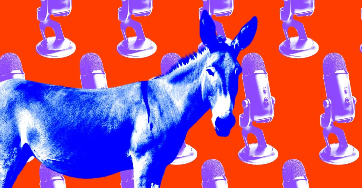 Blue donkey surrounded by purple microphones on an orange background. Political commentary on media.