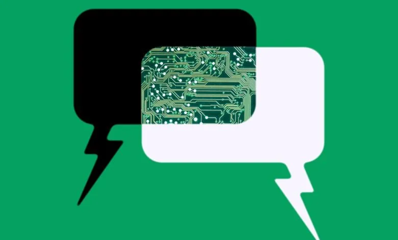 Two overlapping speech bubbles, one black and one white, revealing a green circuit board.