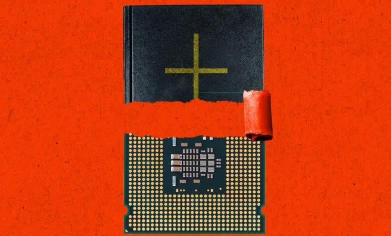 A torn piece of paper reveals a computer processor beneath a book with a cross, symbolizing the conflict between technology and religion.