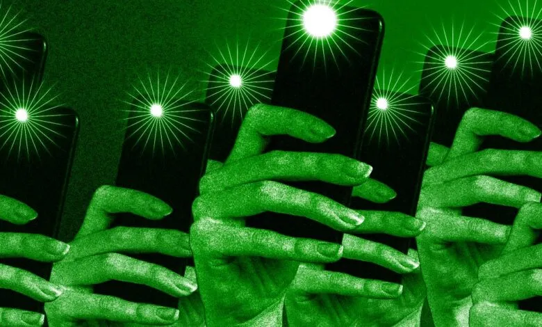Multiple hands hold smartphones with bright green camera flashes, creating a sense of surveillance or mass media.